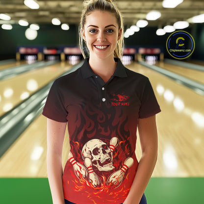 Red Skull Bowling Shirts With Flames custom quarter zip, polo team jerseys, bowling jerseys Women NQS10998
