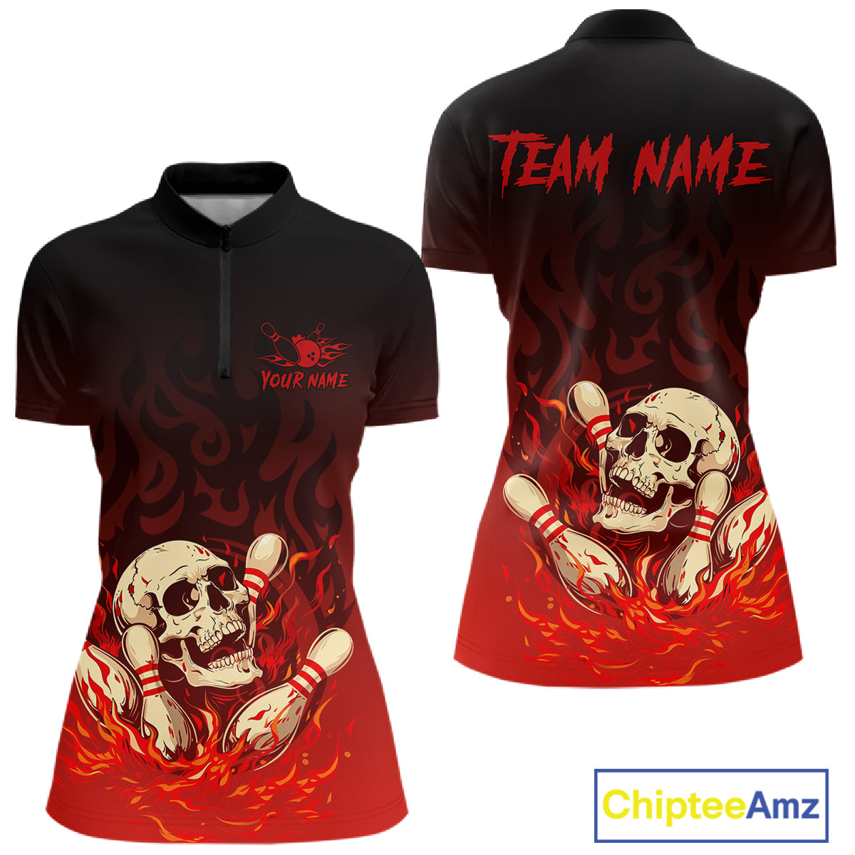 Red Skull Bowling Shirts With Flames custom quarter zip, polo team jerseys, bowling jerseys Women NQS10998