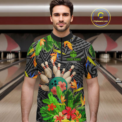 Green tropical flower tribal pattern Bowling Shirts For Men Custom Bowling Team Jersey Bowlers Outfit NQS11005