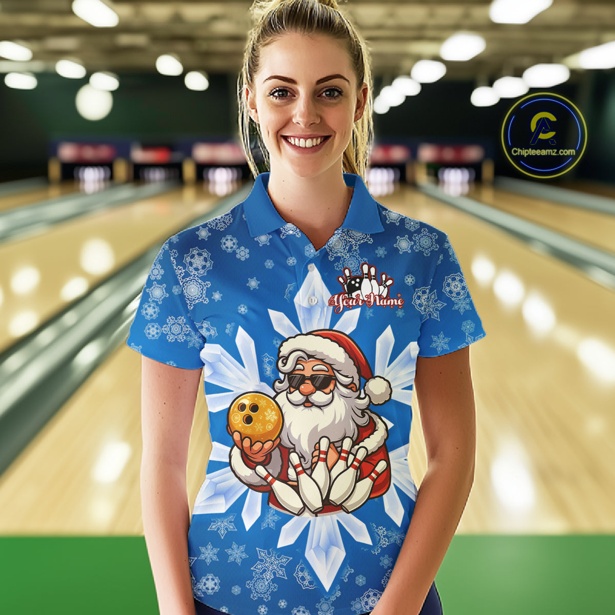 Blue Snowflake Funny Santa Bowling Shirts For Women Custom Christmas Bowling Team Jersey Xmas Gifts NQS11007