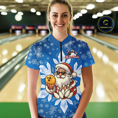Blue Snowflake Funny Santa Bowling Shirts For Women Custom Christmas Bowling Team Jersey Xmas Gifts NQS11007