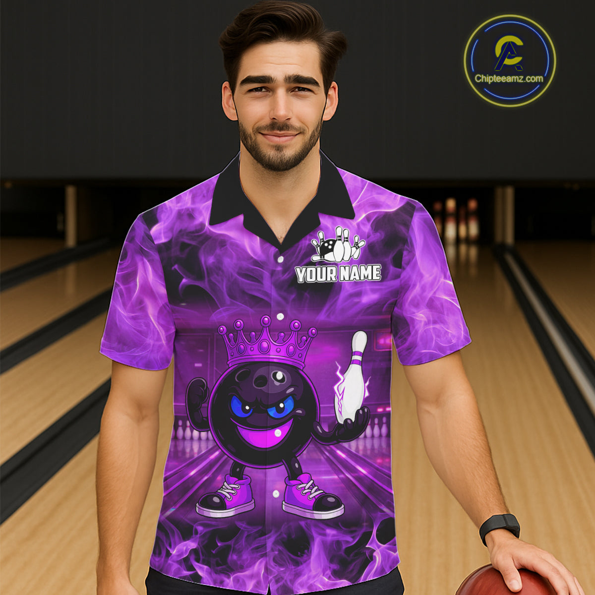 Funny Crown Bowling Purple Flame Bowling Button-up Shirt Custom Hawaiian Bowling Team Jersey NQS11721