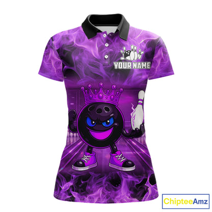Funny Crown Bowling Purple Flame Bowling Polo, Quarter Zip Shirt For Women Custom Bowling Team Jersey NQS11721