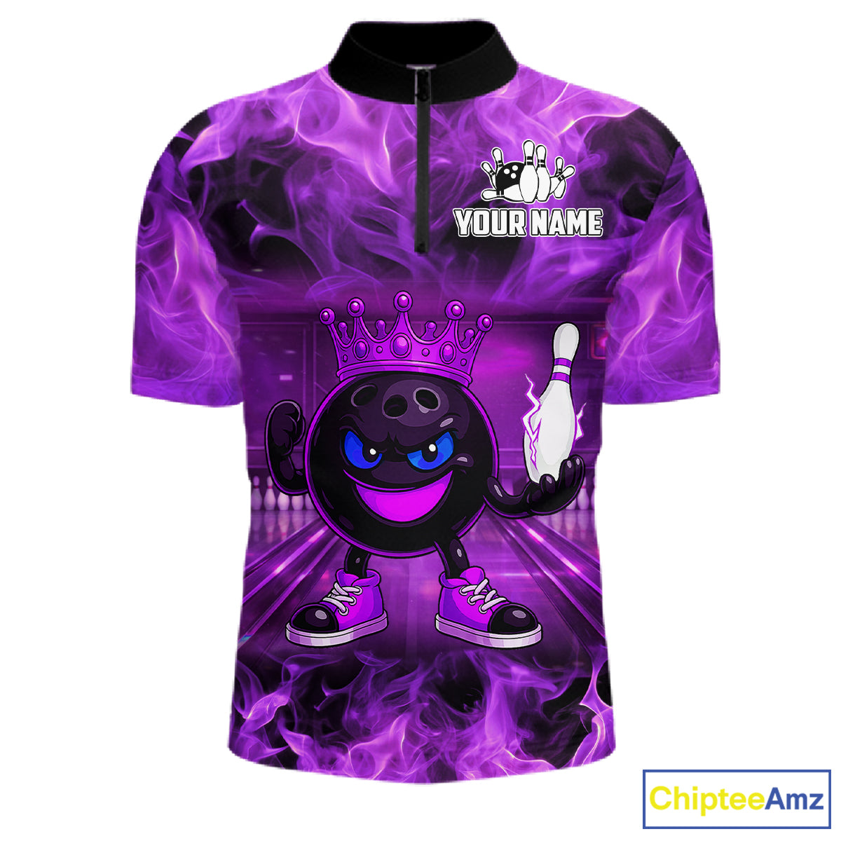 Funny Crown Bowling Purple Flame Bowling Polo, Quarter Zip Shirt For Men Custom Bowling Team Jersey NQS11721