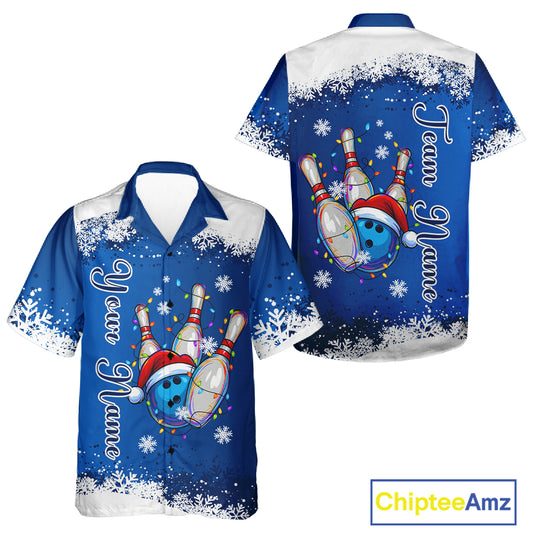 Blue and White snowflake Christmas Hawaiian Bowling Jersey custom Xmas bowling team button-up shirt NQS11026