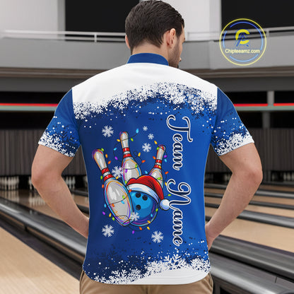 Blue and White snowflake Christmas Bowling Shirts For Men custom Xmas bowling team jersey with name NQS11026