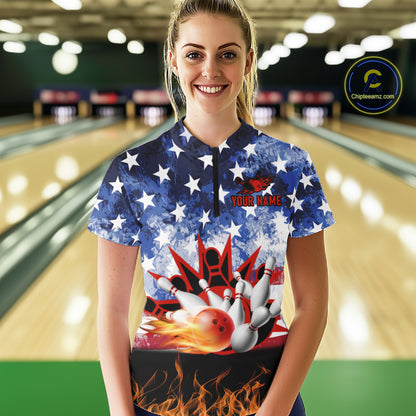 Custom American Flag Flame Bowling Polo, Quarter Zip Shirts For Women, Patriotic Bowling Team Jersey NQS11041