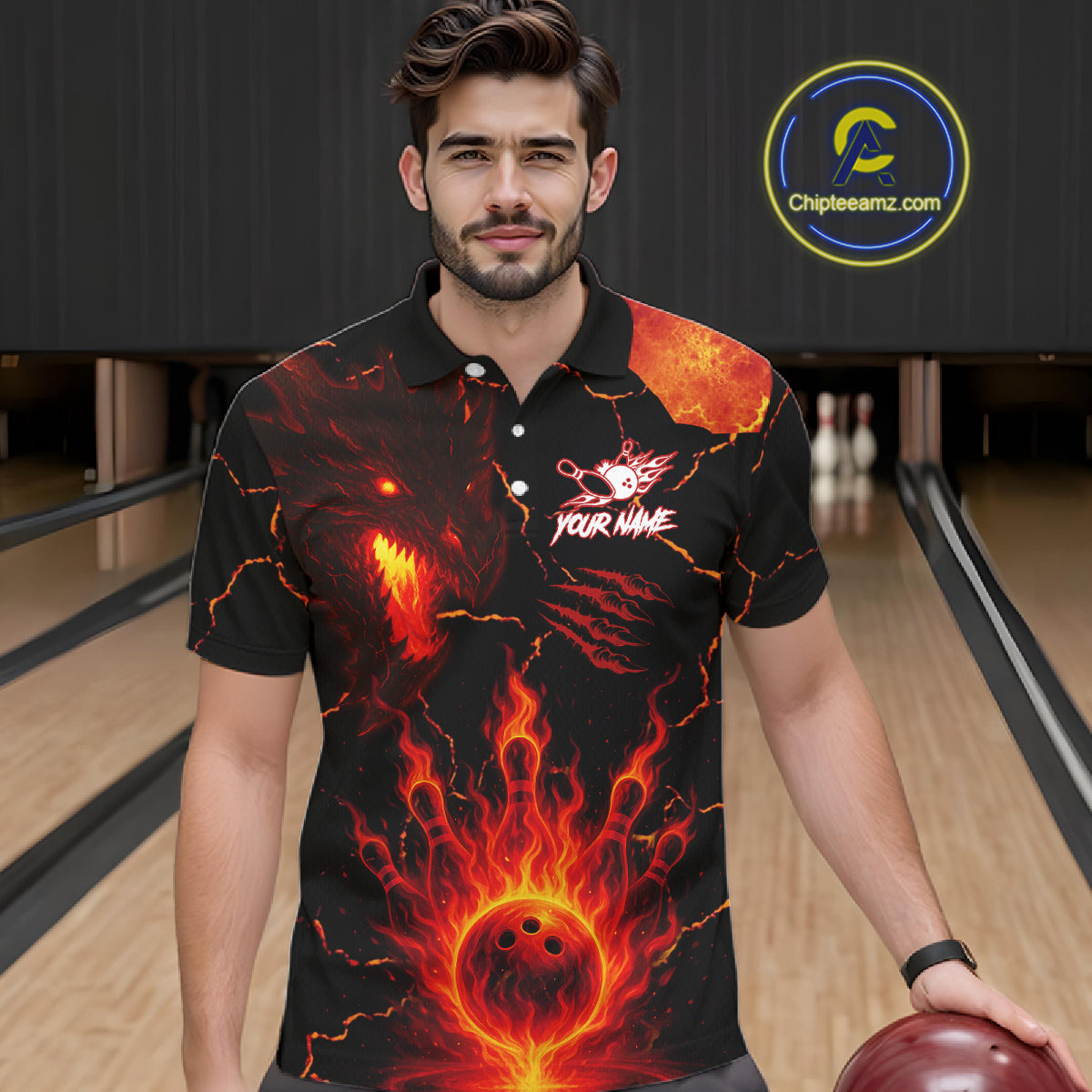 Dragon Flame Bowling Polo, Quarter Zip Shirts For Men Custom Dragon Bowling Team Jerseys NQS11049