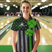Load image into Gallery viewer, Custom Black Grunge US Flag Patriotic Bowling Shirt For Women Green Shamrock St Patrick Team Jersey NQS11447