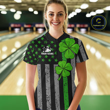 Load image into Gallery viewer, Custom Black Grunge US Flag Patriotic Bowling Shirt For Women Green Shamrock St Patrick Team Jersey NQS11447