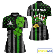 Load image into Gallery viewer, Custom Black Grunge US Flag Patriotic Bowling Shirt For Women Green Shamrock St Patrick Team Jersey NQS11447