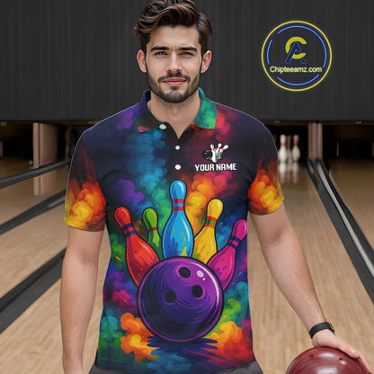 Colorful smoke Bowling Polo, Quarter Zip Shirt for Men Custom Bowling Team shirts for bowlers NQS10646