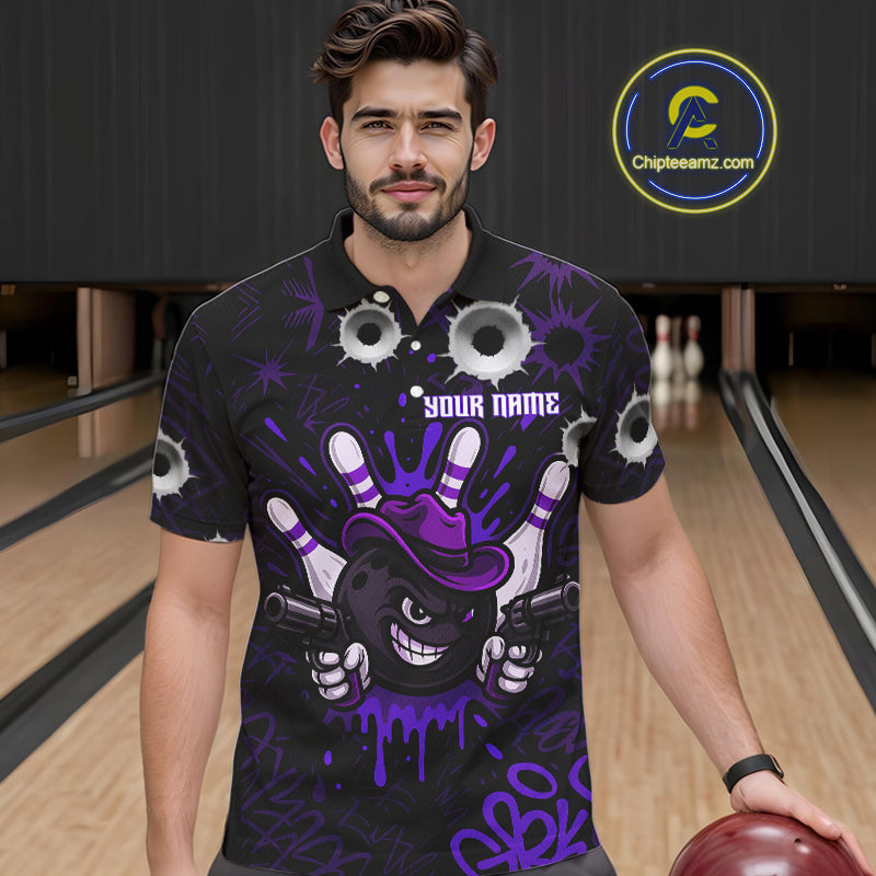 Funny Black and Purple Bowling Cowboy gun Men bowling polo, 1/4 zip shirts Custom bowling team jersey NQS10659