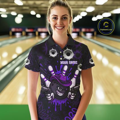Funny Black & Purple Bowling Cowboy gun Women bowling polo, 1/4 zip shirt Custom bowling team jersey NQS10659