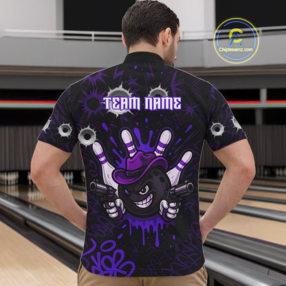 Funny Black and Purple Bowling Cowboy gun Men bowling polo, 1/4 zip shirts Custom bowling team jersey NQS10659