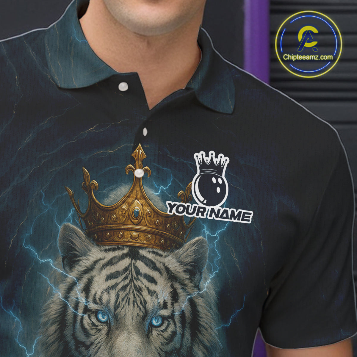 Blue Lightning Thunder Crown White Tiger Bowling Shirts For Men Custom Team Tiger Bowling Jerseys NQS10885