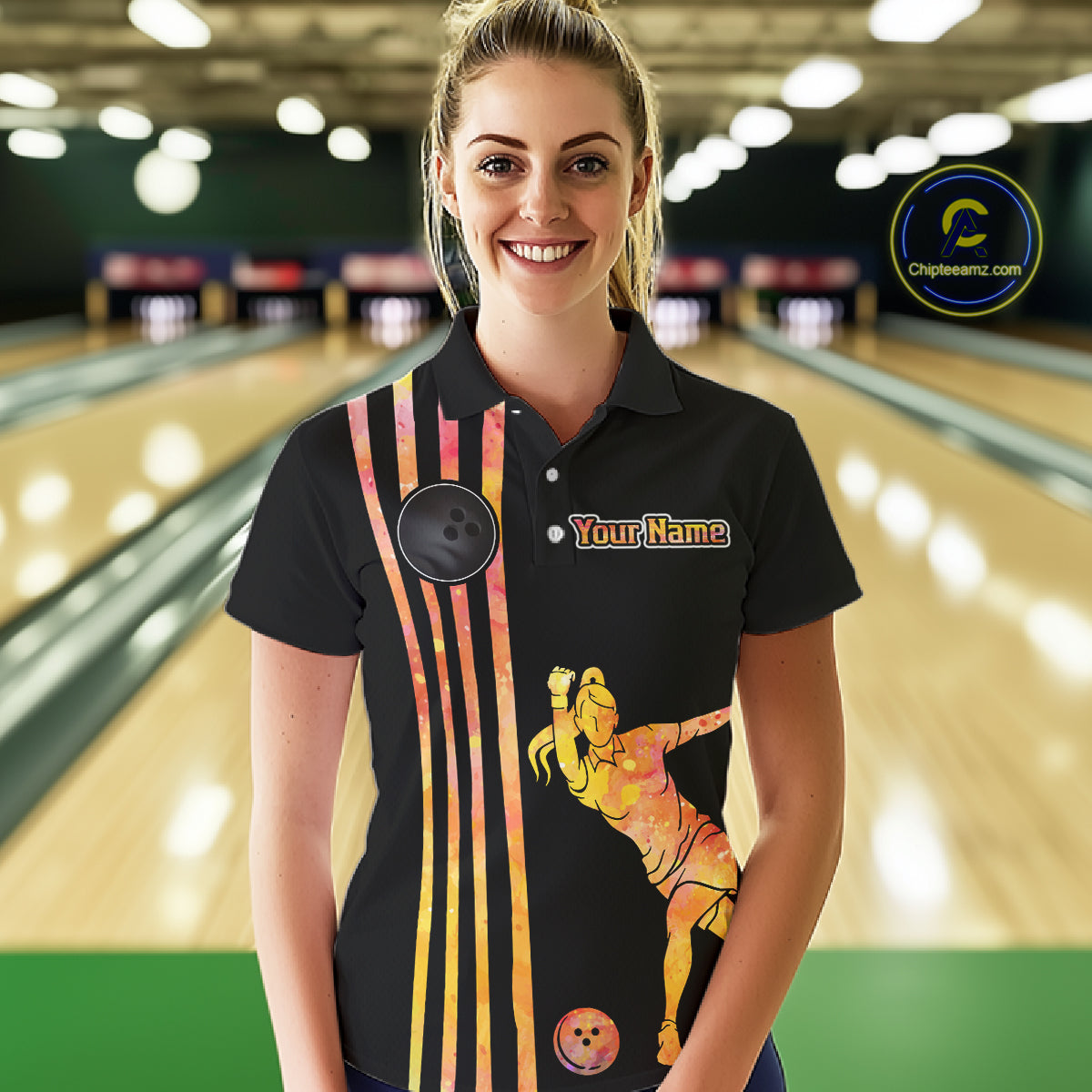 Personalized Watercolor Stripes Retro Bowling Team Shirts For Women, Black Bowling Attire For Ladies NQS11652