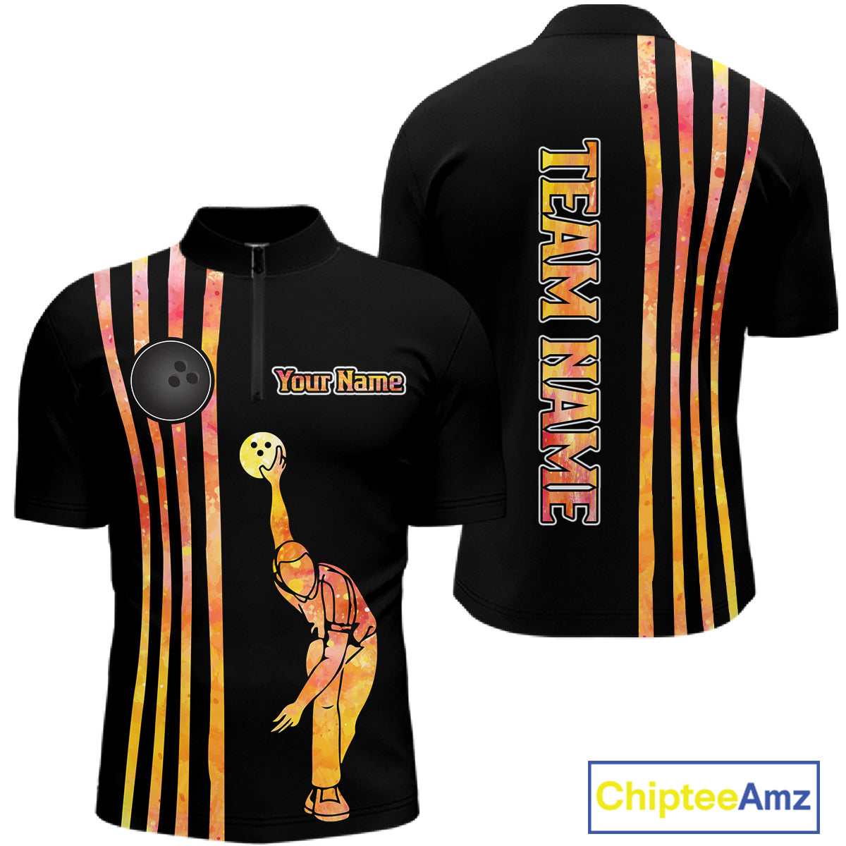 Personalized Watercolor Stripes Retro Bowling Team Shirts For Men, Black Bowling Attire For Men NQS11652
