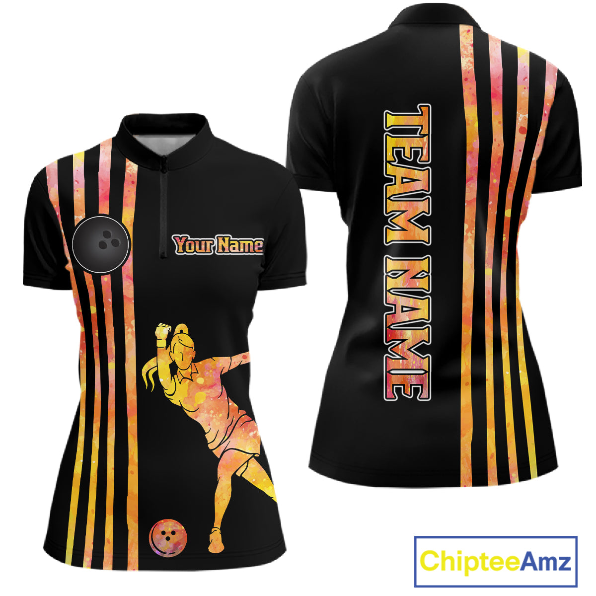Personalized Watercolor Stripes Retro Bowling Team Shirts For Women, Black Bowling Attire For Ladies NQS11652