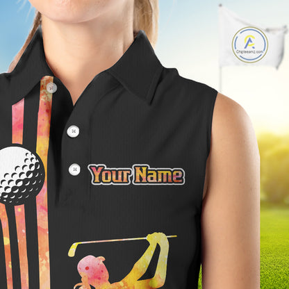 Personalized Watercolor Stripes Sleeveless Golf Polo Shirts For Women, Black Team Ladies Golf Attire NQS11651