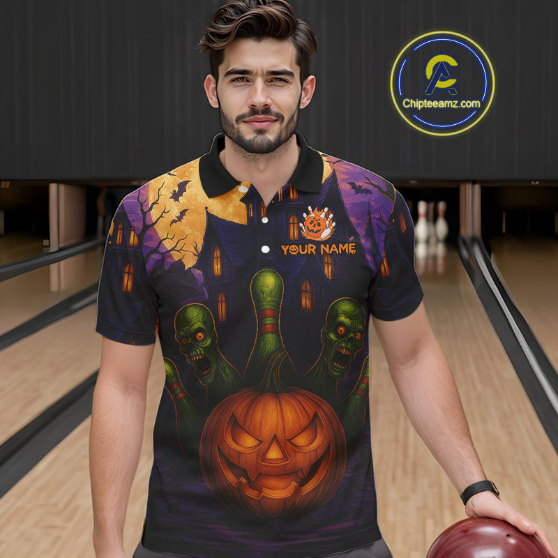 Funny Pumpkin Halloween Bowling Polo, Quarter Zip Shirts For Men Custom Bowling Team Jersey NQS10668