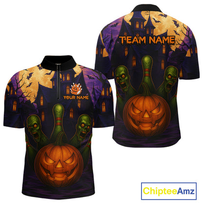 Funny Pumpkin Halloween Bowling Polo, Quarter Zip Shirts For Men Custom Bowling Team Jersey NQS10668