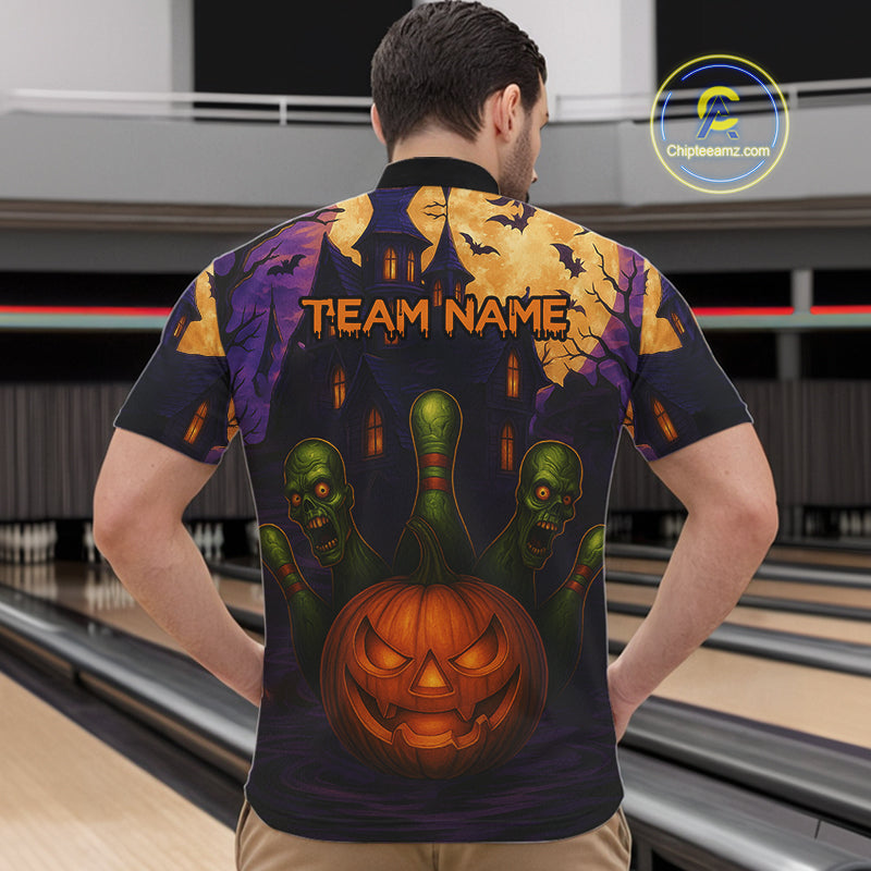 Funny Pumpkin Halloween Bowling Polo, Quarter Zip Shirts For Men Custom Bowling Team Jersey NQS10668