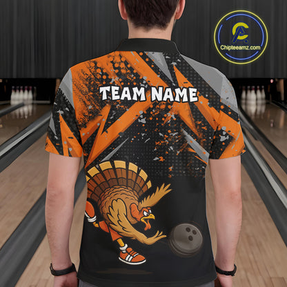 Custom Funny Turkey Bowling Jersey Black and Orange Thanksgiving Bowling Team Men Polo, 1/4 Zip Shirt NQS10671