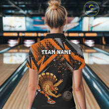 Load image into Gallery viewer, Custom Funny Turkey Bowling Jersey Black &amp; Orange Thanksgiving Bowling Team Women Polo, 1/4 Zip Shirt NQS10671