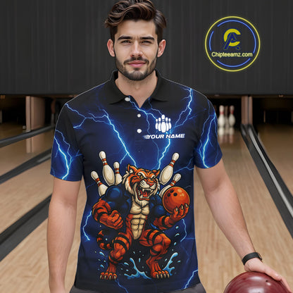 Personalized Tiger Bowling Team Shirts For Men, Blue Lightning Thunder Tiger Bowling Jerseys NQS11062