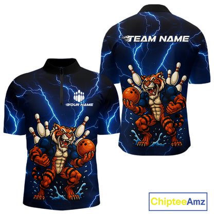 Personalized Tiger Bowling Team Shirts For Men, Blue Lightning Thunder Tiger Bowling Jerseys NQS11062