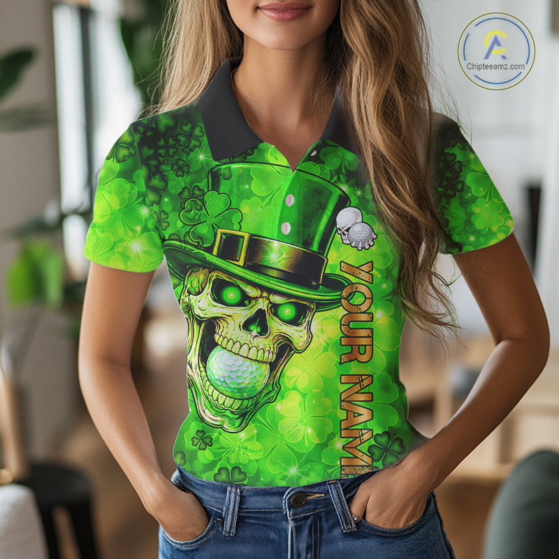 Funny Skull green shamrock pattern Golf Polo Shirts For Women Custom St Patrick's Day ladies golf top NQS11662