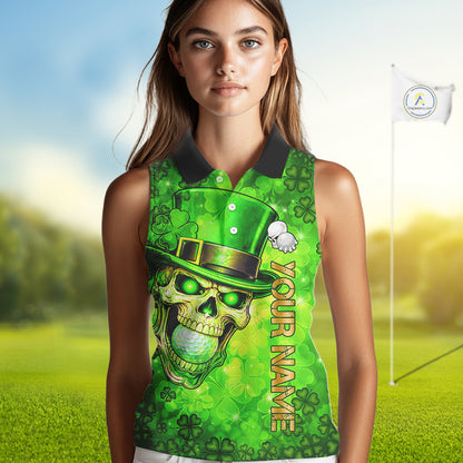 Funny Skull green shamrock pattern Sleeveless Golf Polo Shirt Custom St Patrick's Day ladies golf top NQS11662