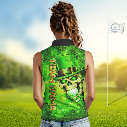 Funny Skull green shamrock pattern Sleeveless Golf Polo Shirt Custom St Patrick's Day ladies golf top NQS11662