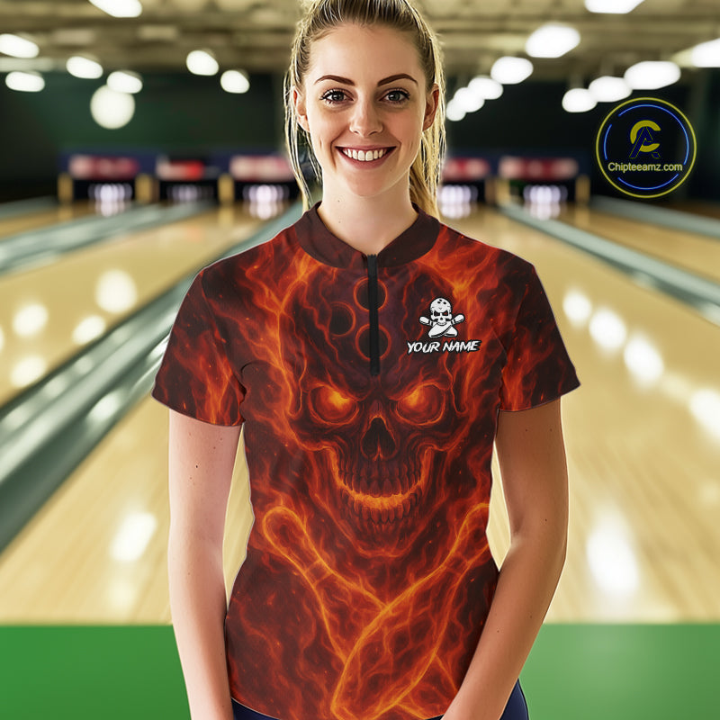 Custom Flame Skull Bowling Polo, Quarter Zip Shirt For Women, Skull Team Bowling League Jerseys NQS10676