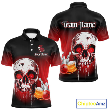 Black and Red Skull Bowling Polo, 1/4 zip shirts for Men Custom team bowling jerseys, Gift for bowler NQS11480