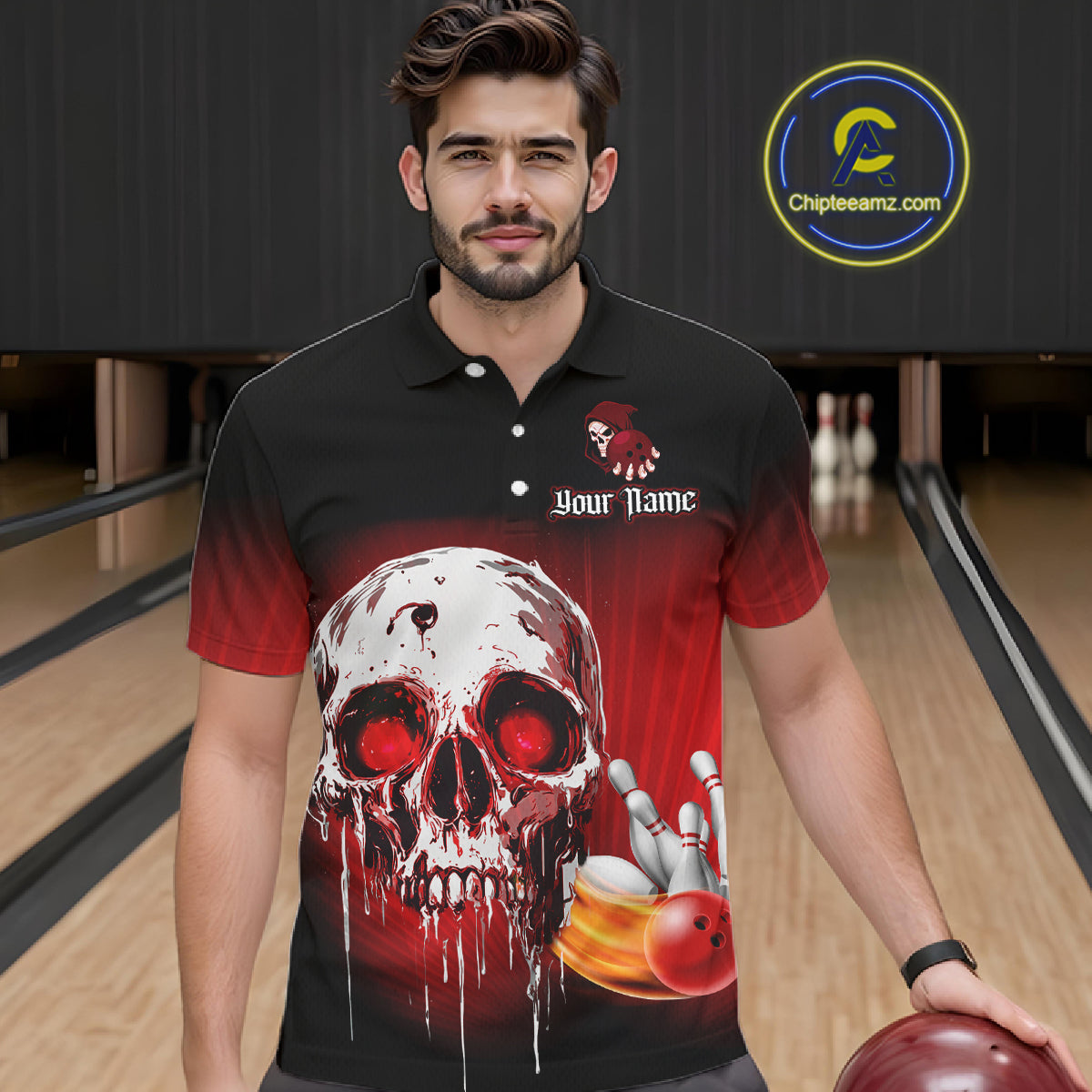 Black and Red Skull Bowling Polo, 1/4 zip shirts for Men Custom team bowling jerseys, Gift for bowler NQS11480