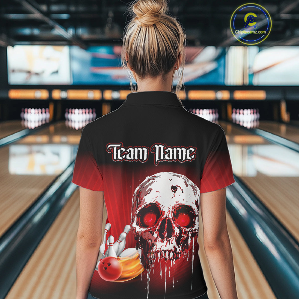 Black & Red Skull Bowling Polo, 1/4 zip shirts for Women Custom team bowling jerseys, Gift for bowler NQS11480