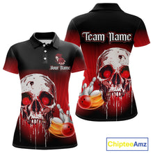 Load image into Gallery viewer, Black &amp; Red Skull Bowling Polo, 1/4 zip shirts for Women Custom team bowling jerseys, Gift for bowler NQS11480