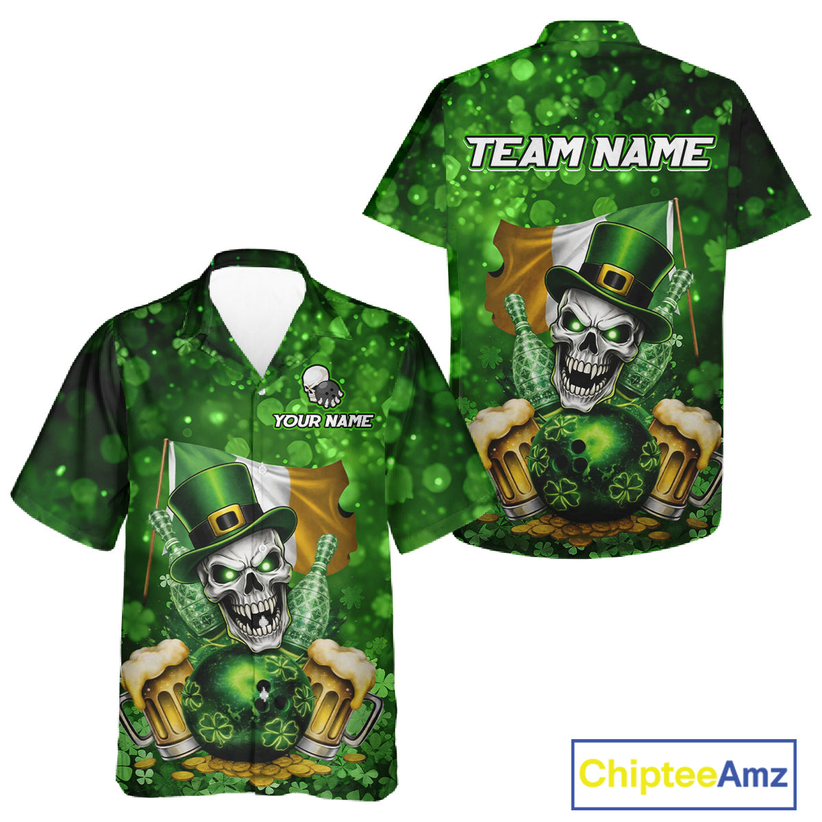 Custom Funny Skull Bowling and Beer Ireland Flag Green St Patrick Team Bowling Hawaiian shirts NQS11484