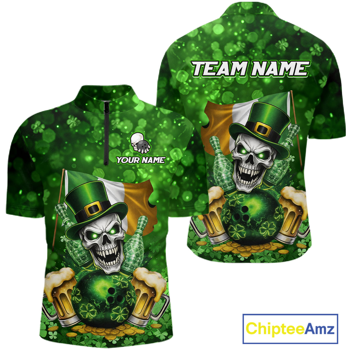 Custom Funny Skull Bowling and Beer Ireland Flag Green St Patrick Team Bowling Jerseys For Men NQS11484