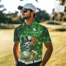 Load image into Gallery viewer, Custom Funny Skull Golf and Beer Ireland Flag Green St Patrick Team Polo shirts for Men, golfing gift NQS11485
