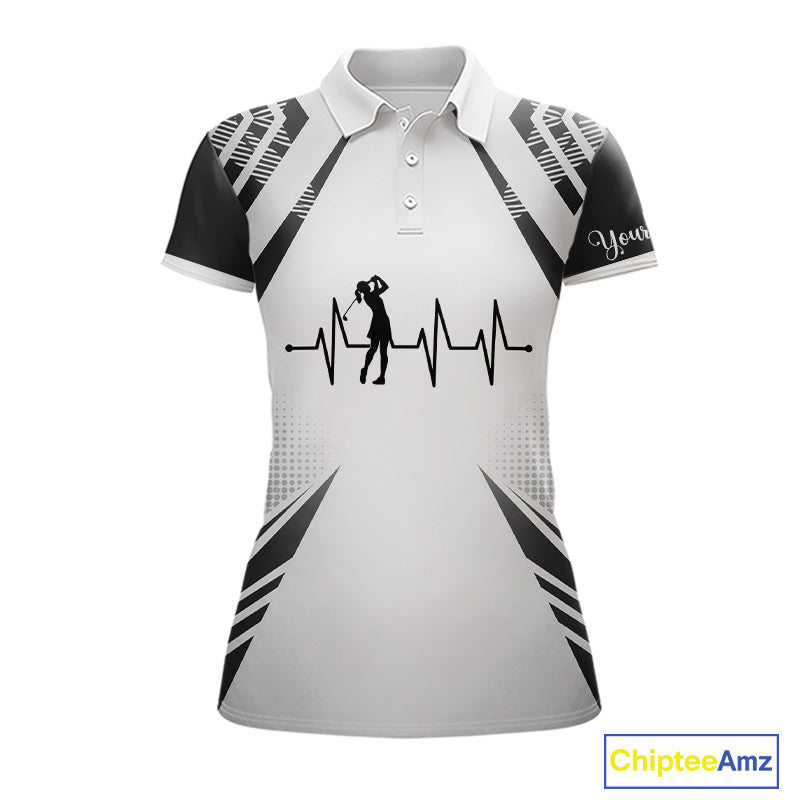 Black & White Golf Heartbeat US Flag Golf Polo Shirts for Women Custom Patriotic ladies golf attire NQS11754