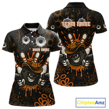 Load image into Gallery viewer, Funny Black &amp; Orange Bowling Cowboy gun Women bowling polo, 1/4 zip shirt Custom bowling team jersey NQS10688