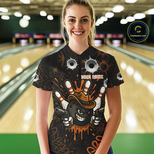 Load image into Gallery viewer, Funny Black &amp; Orange Bowling Cowboy gun Women bowling polo, 1/4 zip shirt Custom bowling team jersey NQS10688