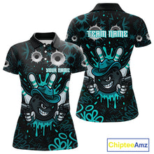 Load image into Gallery viewer, Black and Cyan Blue Bowling Cowboy gun Women bowling polo, 1/4 zip shirt Custom bowling team jersey NQS10689