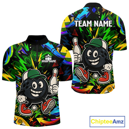 Green graffiti pattern Funny Bowling polo, quarter zip shirts for men custom Bowling team jerseys NQS11079