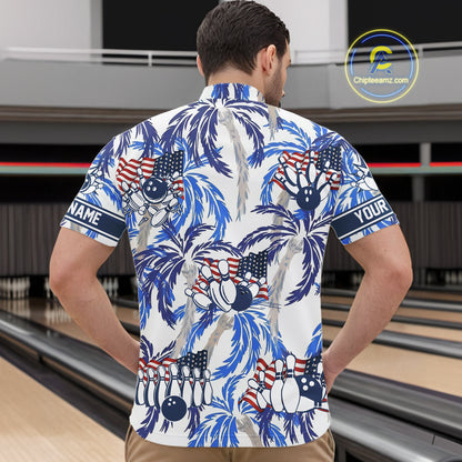 Blue Palm tropical pattern American Flag Bowling shirts For Men custom bowling team jerseys NQS11097