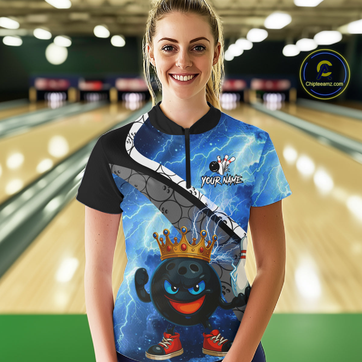 Funny King Crown Bowling Blue Lightning Thunder Bowling Shirts for Women Custom Bowling Team Jersey NQS10928