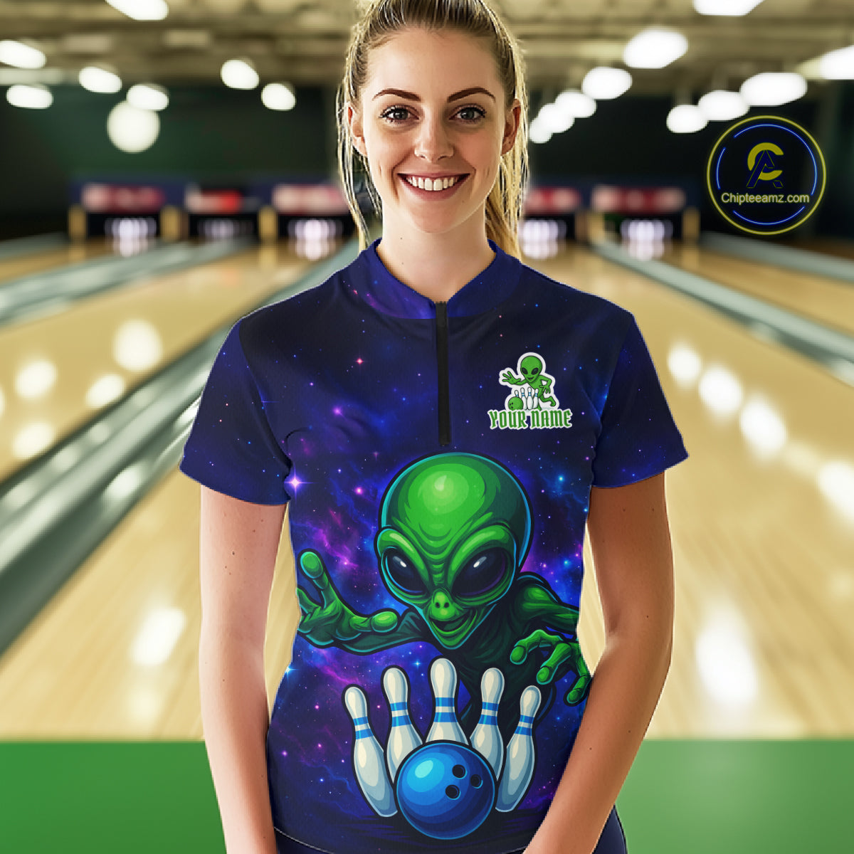 Funny Galaxy Alien Bowling Polo, 1/4 Zip Shirt For Women Custom Bowling Team Outfit, Gift For Bowler NQS10729